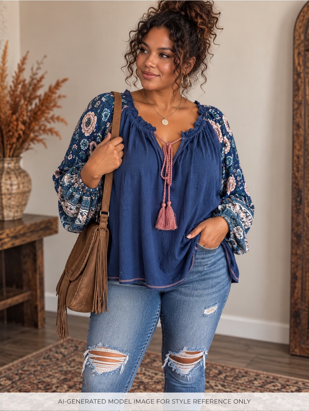 Bluheaven Blue Floral Boho Peasant Blouse Tassel Top XL NWOT